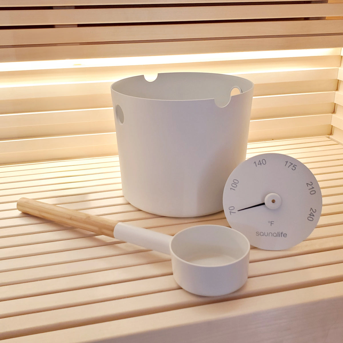 SaunaLife Accessory Package 6 – Aluminum Bucket, Ladle & Thermometer