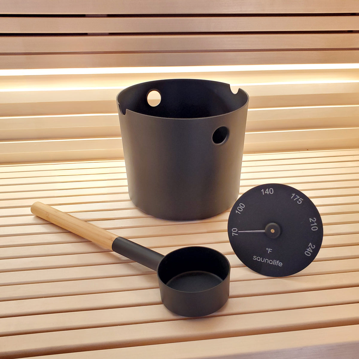 SaunaLife Accessory Package 6 – Aluminum Bucket, Ladle & Thermometer