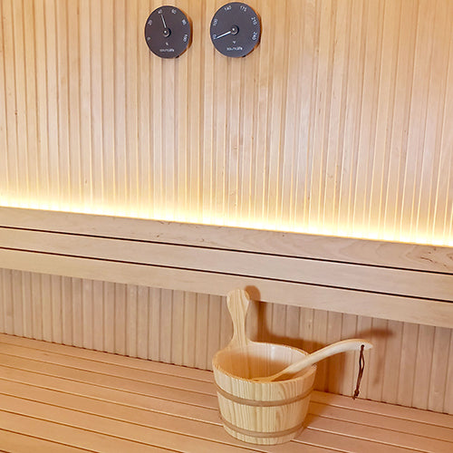 SaunaLife Accessory Package 3 – Wooden Bucket, Ladle, Thermometer & Hygrometer