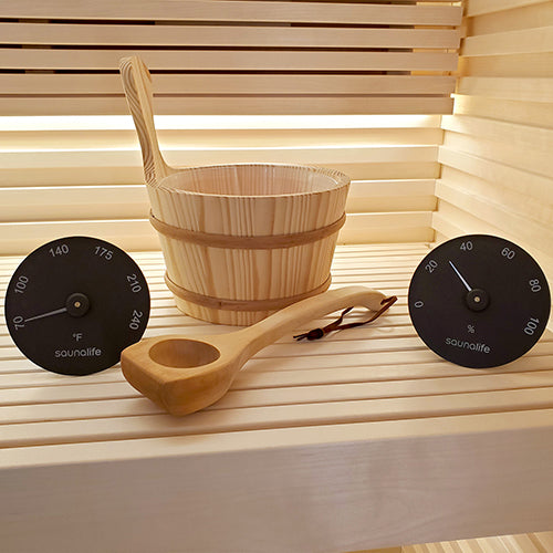 SaunaLife Accessory Package 3 – Wooden Bucket, Ladle, Thermometer & Hygrometer