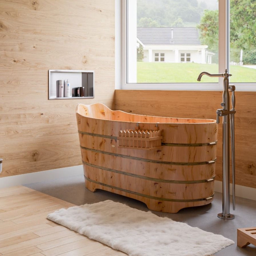 ALFI brand AB1103 59 Inch Free Standing Cedar Wood Bathtub with Bench - Elite Vitality