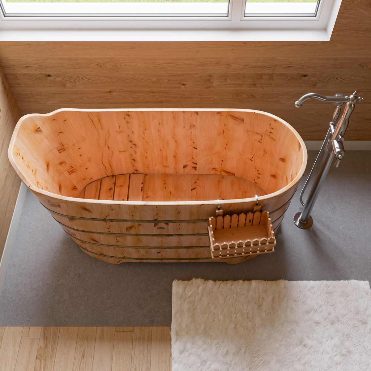 ALFI brand AB1103 59 Inch Free Standing Cedar Wood Bathtub with Bench - Elite Vitality