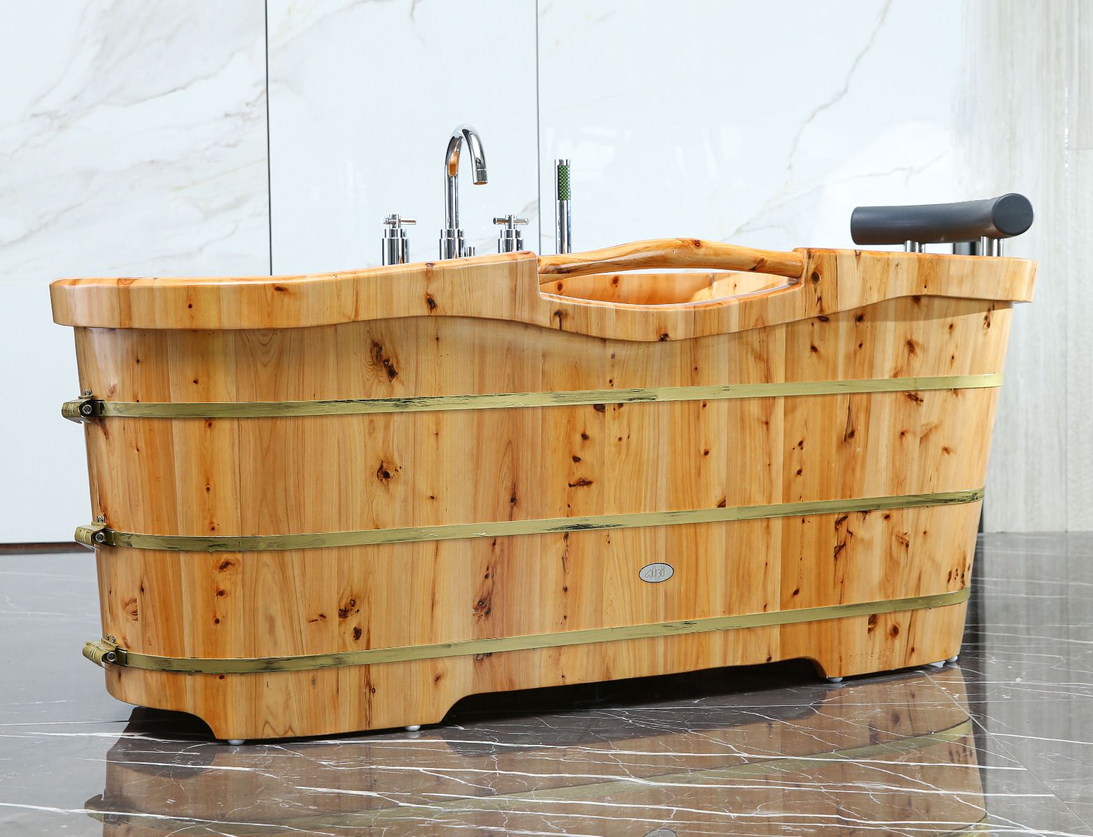 ALFI brand AB1136 61'' Free Standing Cedar Wooden Bathtub with Tub Filler - Elite Vitality