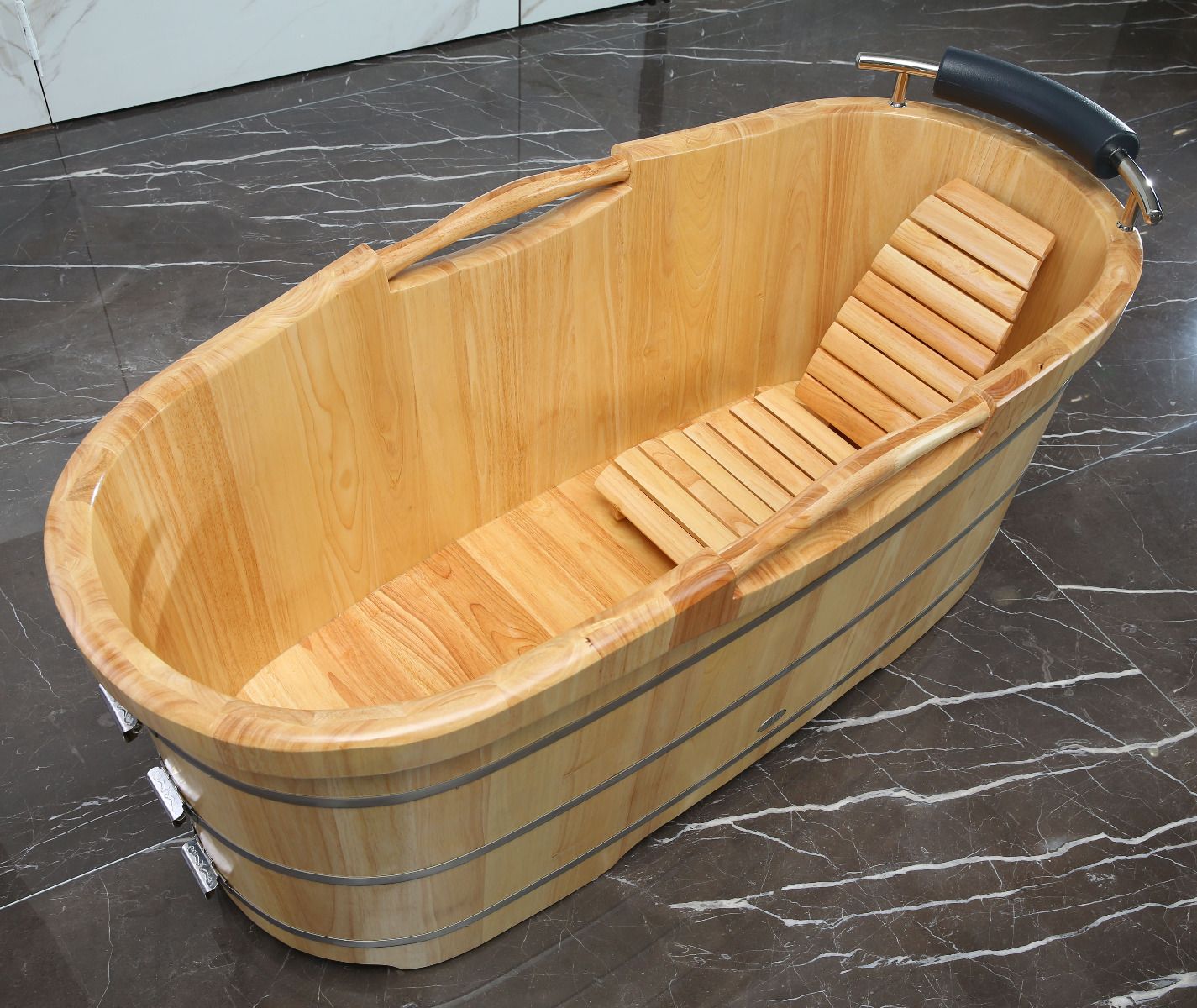 ALFI brand AB1163 61'' Free Standing Wooden BathTub with Headrest - Elite Vitality