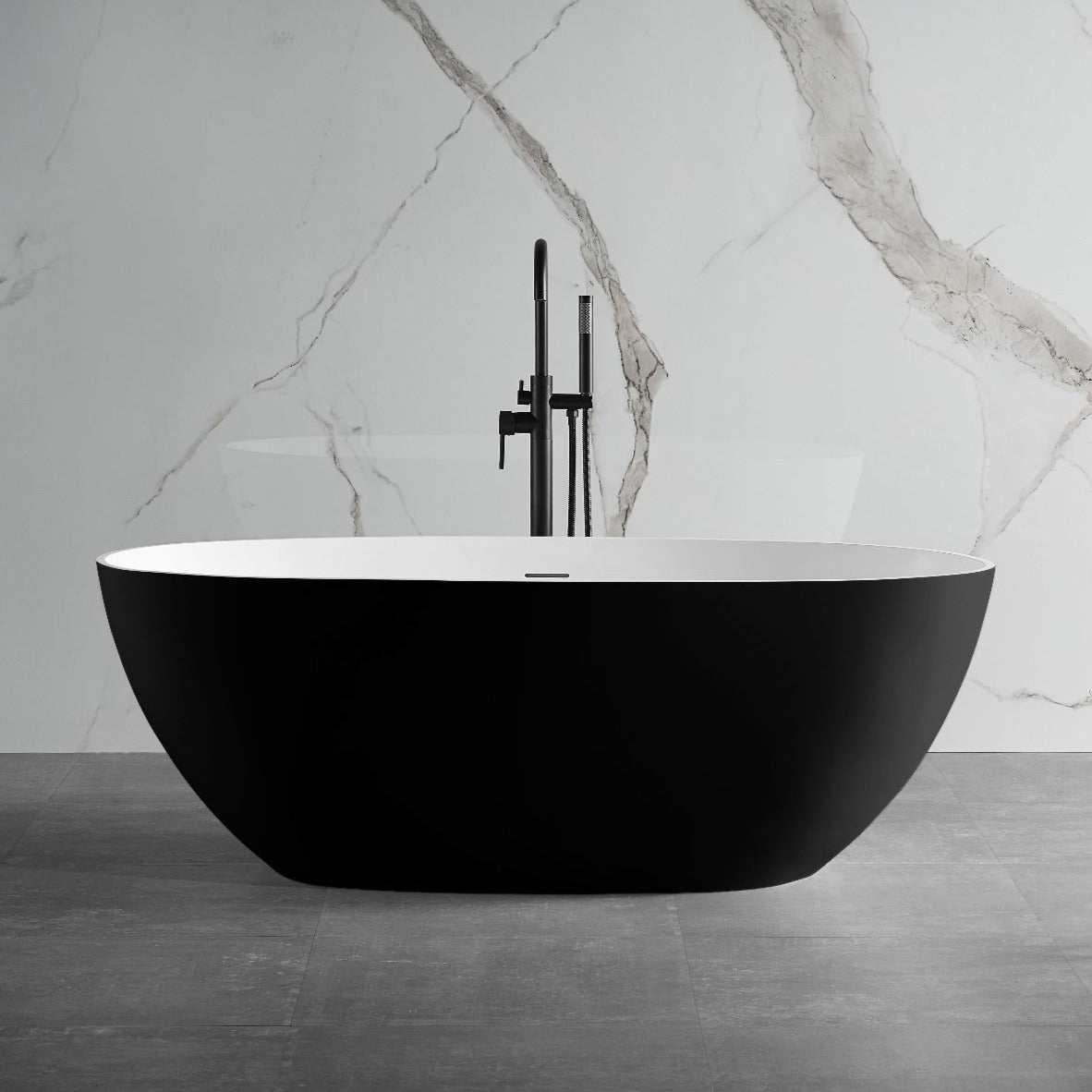 ALFI brand AB9975BM 59" Black & White Matte Oval Solid Surface Resin Soaking Bathtub - Elite Vitality