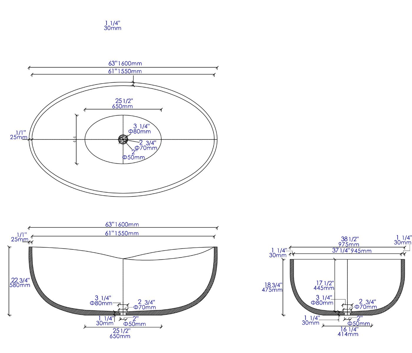 ALFI brand ABCO63TUB 63" Solid Concrete Gray Matte Oval Bathtub - Elite Vitality