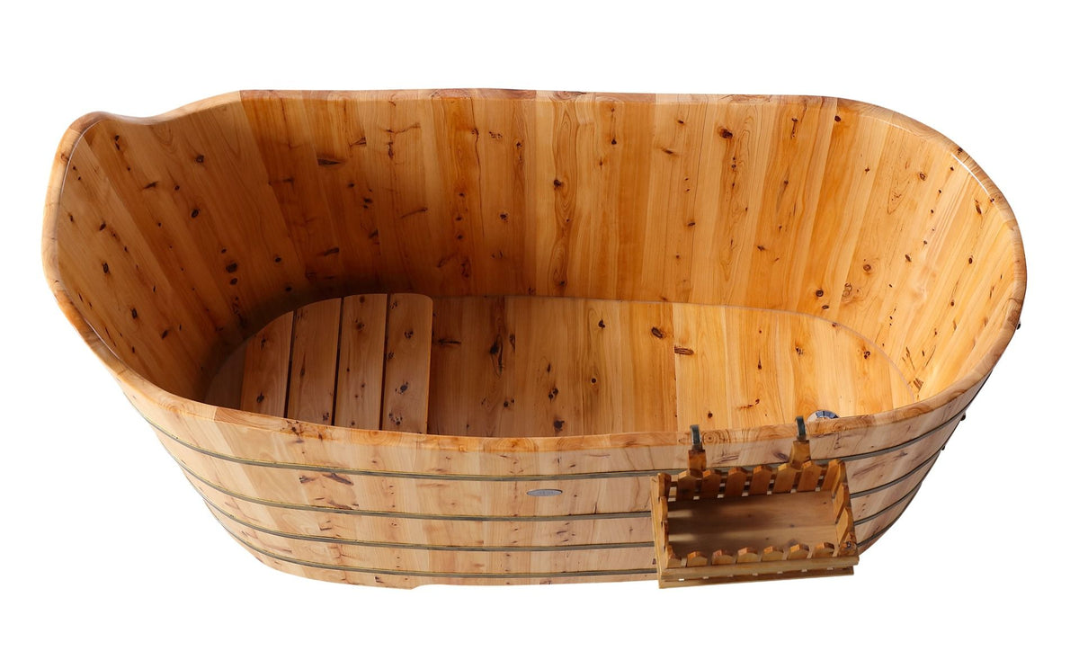 ALFI brand AB1103 59 Inch Free Standing Cedar Wood Bathtub with Bench - Elite Vitality