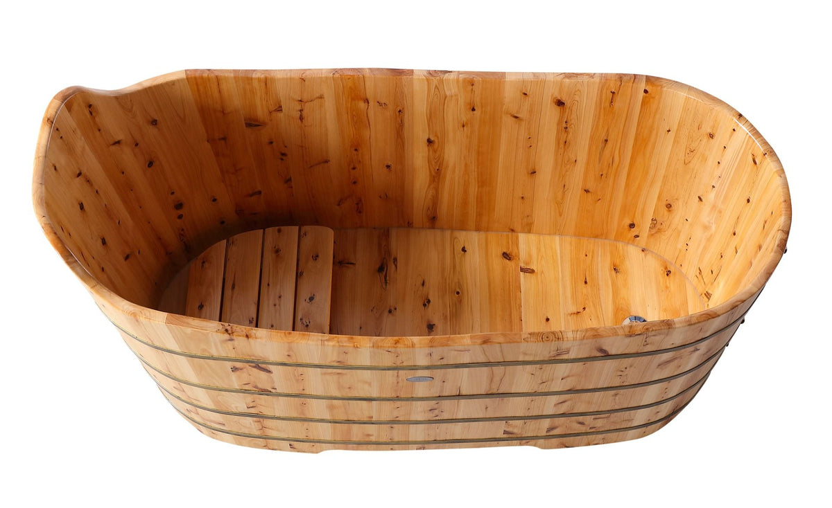 ALFI brand AB1103 59 Inch Free Standing Cedar Wood Bathtub with Bench - Elite Vitality