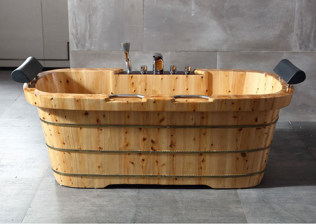 ALFI brand AB1130 65" 2 Person Free Standing Cedar Wooden Bathtub with Fixtures & Headrests - Elite Vitality