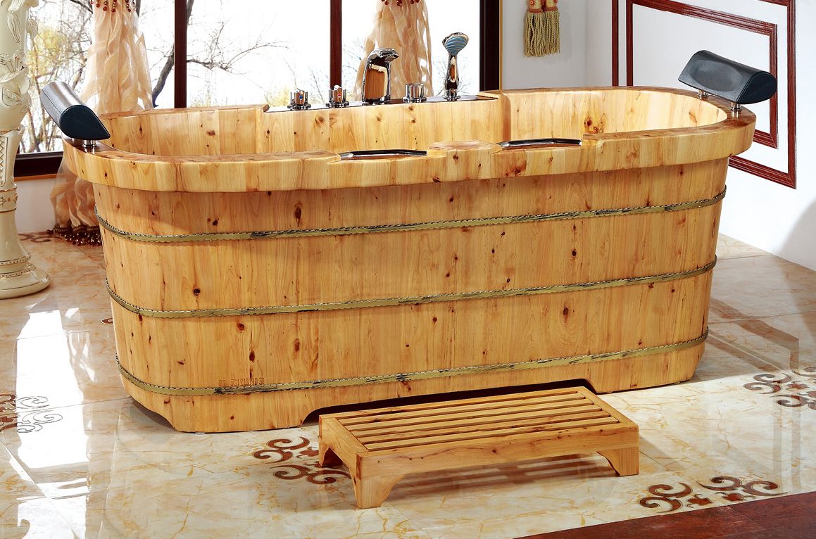 ALFI brand AB1130 65" 2 Person Free Standing Cedar Wooden Bathtub with Fixtures & Headrests - Elite Vitality