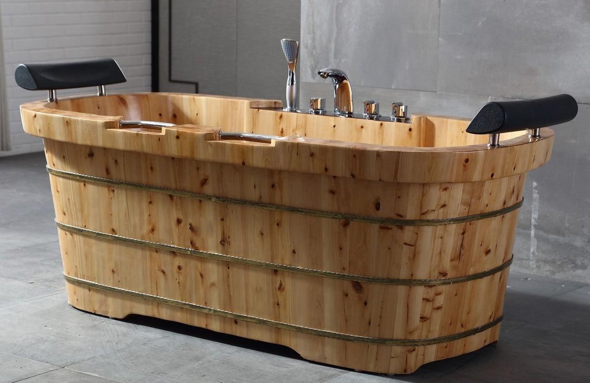 ALFI brand AB1130 65" 2 Person Free Standing Cedar Wooden Bathtub with Fixtures & Headrests - Elite Vitality