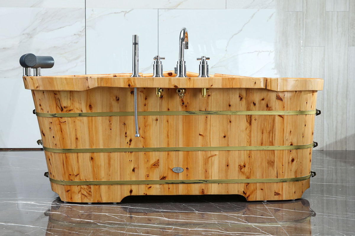 ALFI brand AB1136 61'' Free Standing Cedar Wooden Bathtub with Tub Filler - Elite Vitality