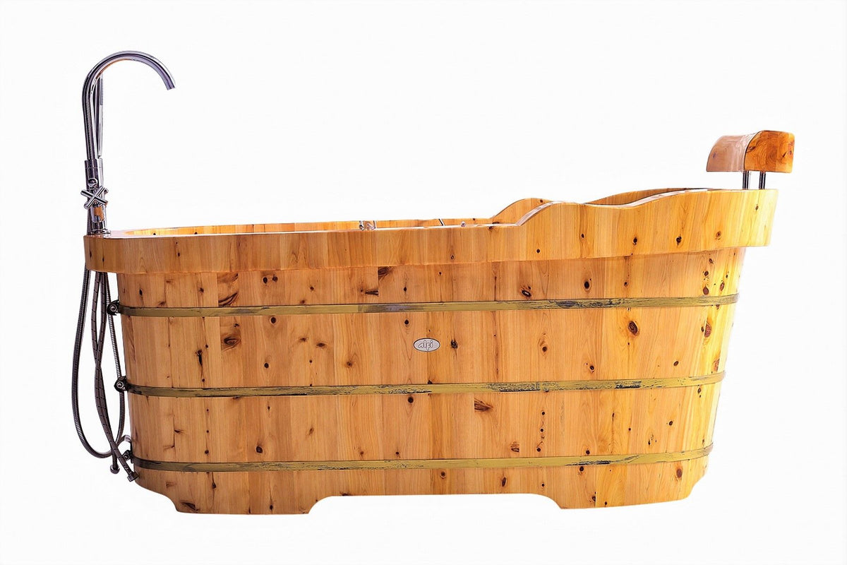 ALFI brand AB1139 61" Free Standing Cedar Wooden Bathtub with Fixtures & Headrest - Elite Vitality