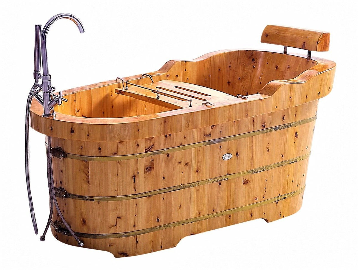 ALFI brand AB1139 61" Free Standing Cedar Wooden Bathtub with Fixtures & Headrest - Elite Vitality
