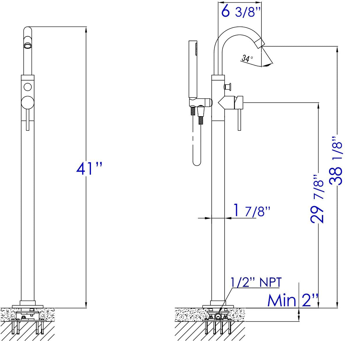 Alfi brand AB2534 Floor Mount Tub Filler with Shower Head Polished/Brushed - Elite Vitality