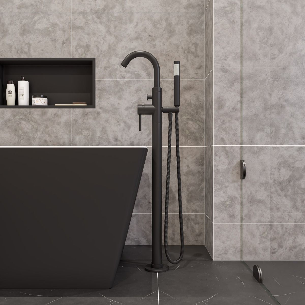 Alfi brand AB2534 Floor Mount Tub Filler with Shower Head Polished/Brushed - Elite Vitality