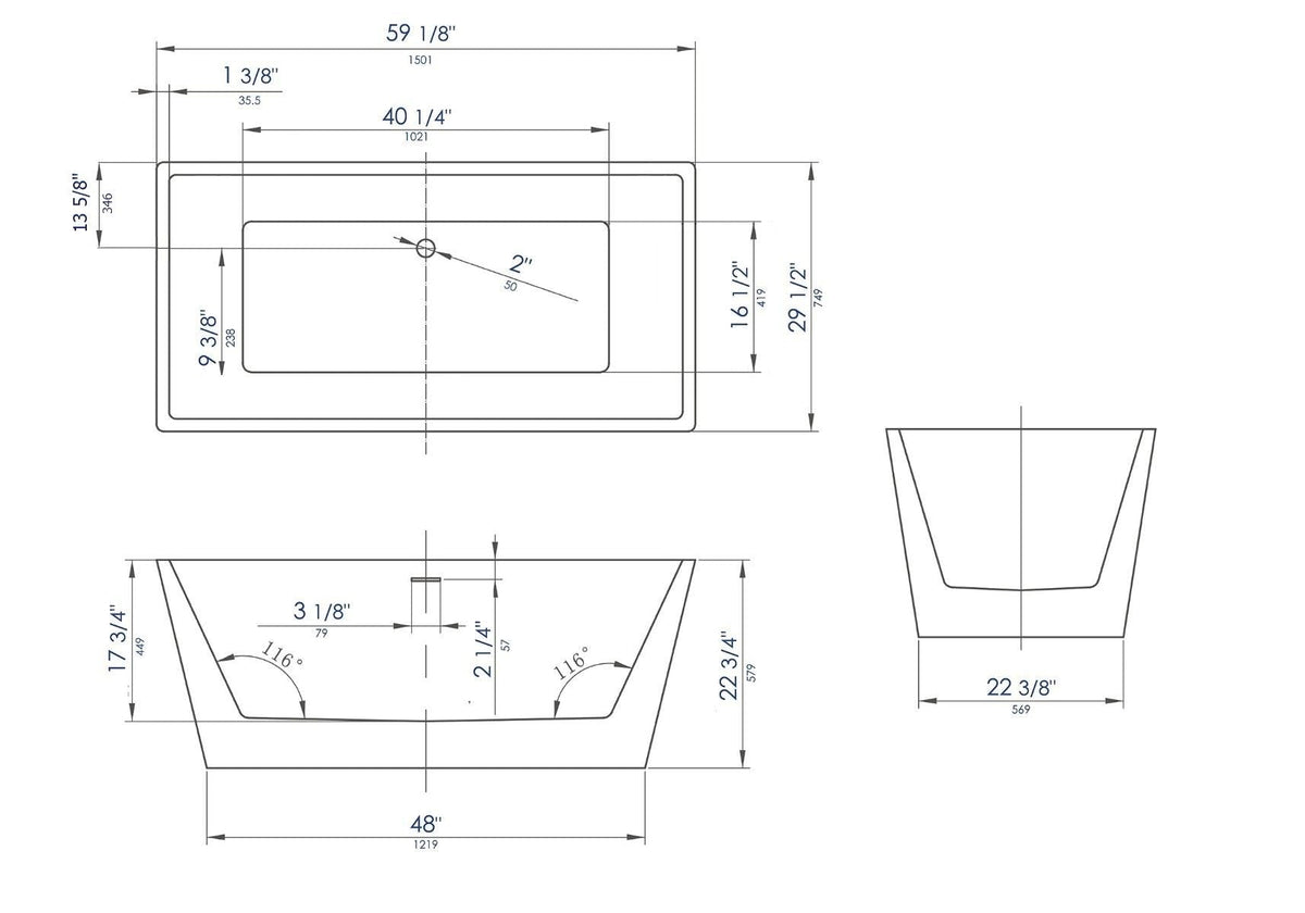 ALFI brand AB8833 59 Inch White Rectangular Free Standing Soaking Bathtub - Elite Vitality