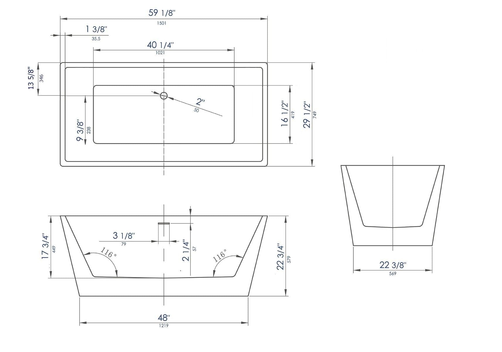ALFI brand AB8834 59 Inch Black & White Rectangular Acrylic Soaking Bathtub - Elite Vitality