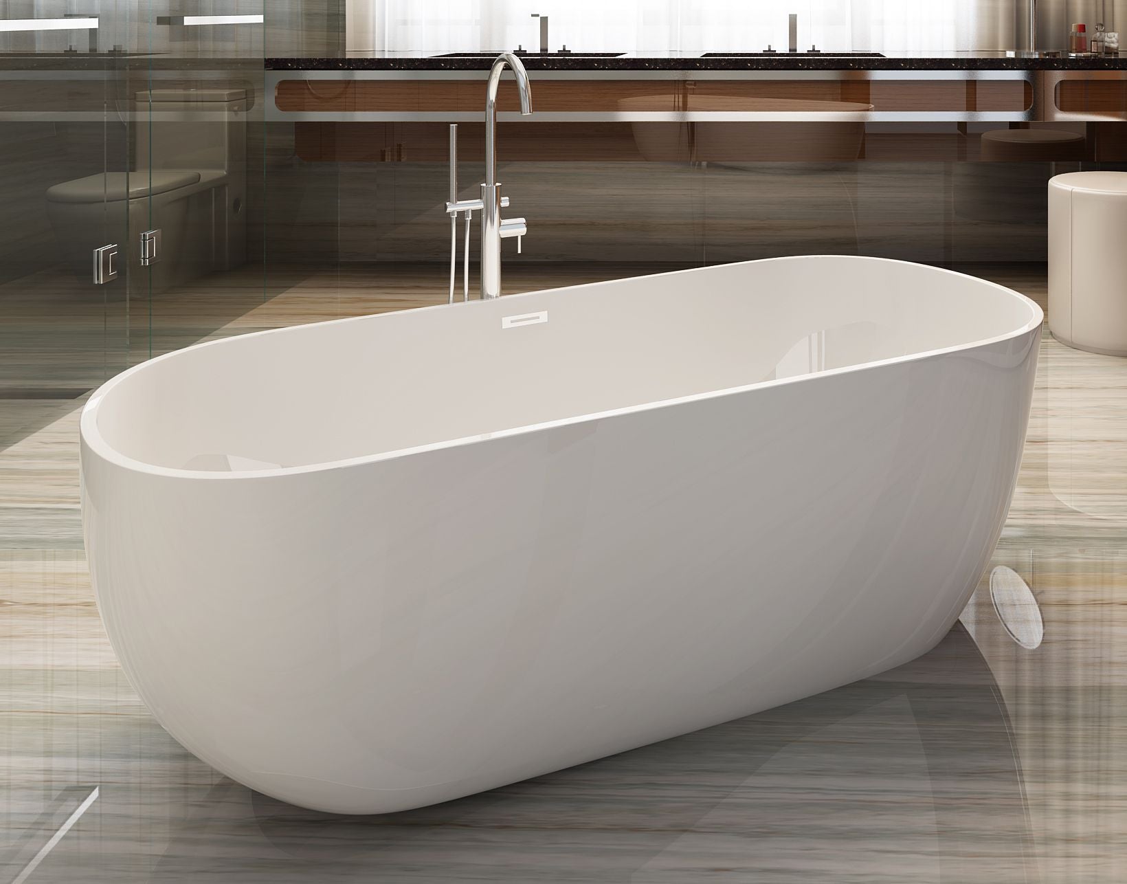 ALFI brand AB8838 59 Inch White Oval Acrylic Free Standing Soaking Bathtub - Elite Vitality