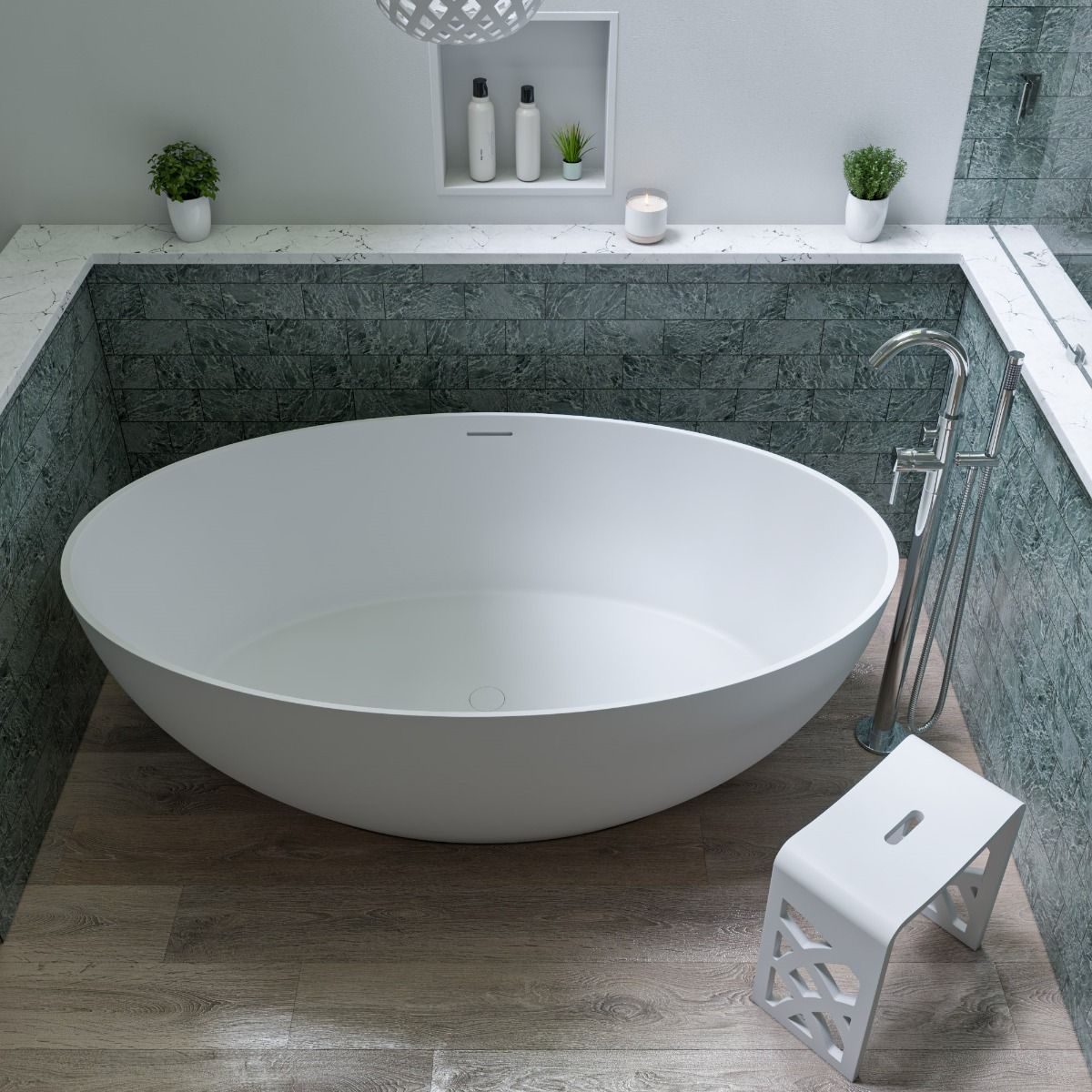 ALFI brand AB9941 67" White Oval Solid Surface Smooth Resin Soaking Bathtub - Elite Vitality