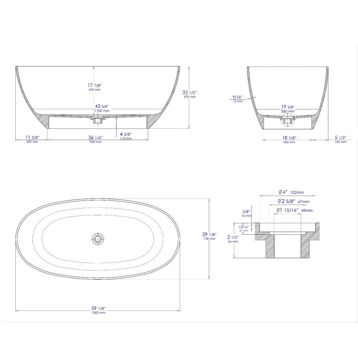 ALFI brand AB9975 59" White Oval Solid Surface Resin Soaking Bathtub - Elite Vitality