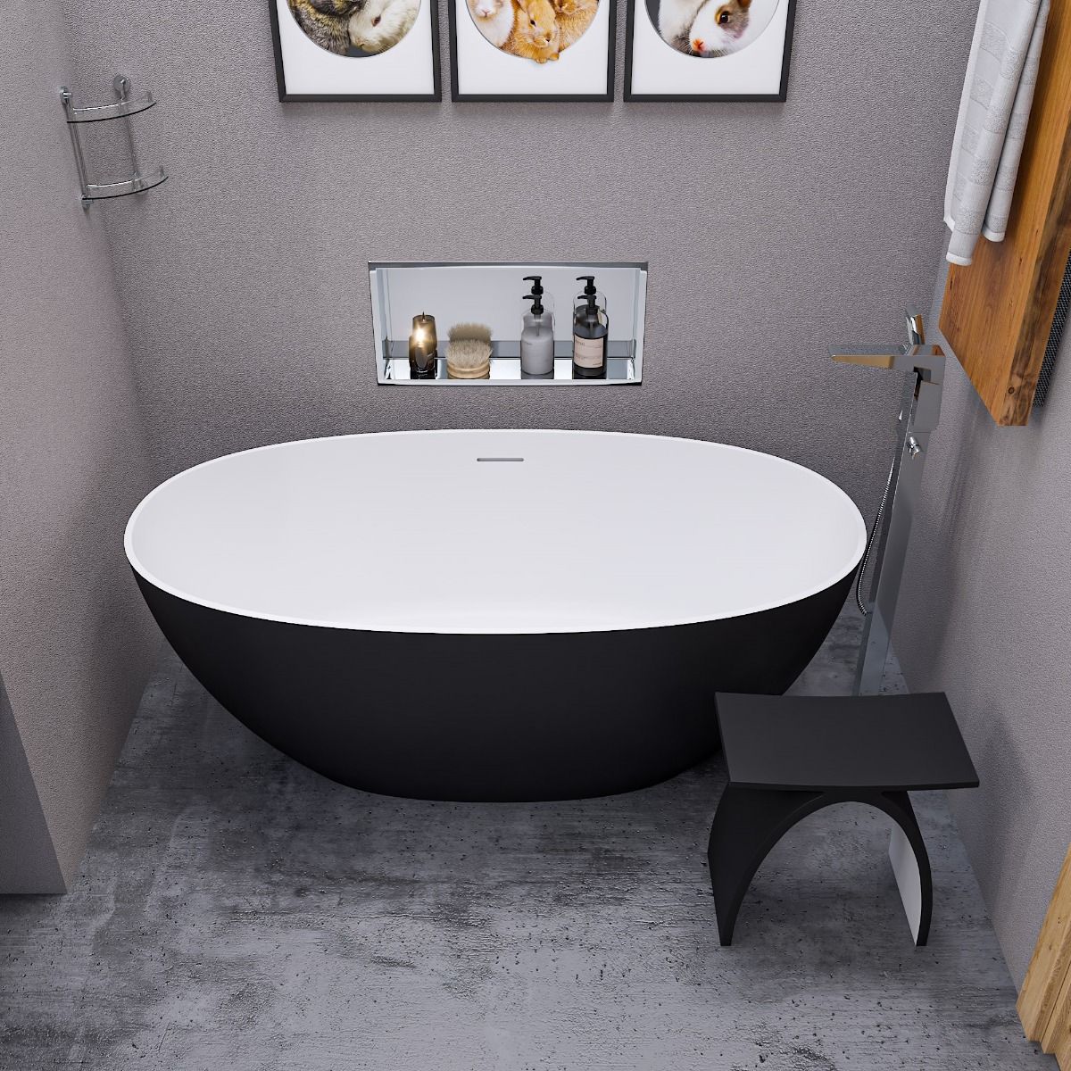 ALFI brand AB9975BM 59" Black & White Matte Oval Solid Surface Resin Soaking Bathtub - Elite Vitality
