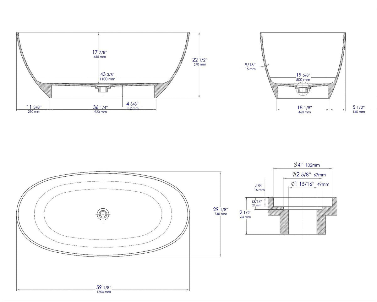 ALFI brand AB9975BM 59" Black & White Matte Oval Solid Surface Resin Soaking Bathtub - Elite Vitality