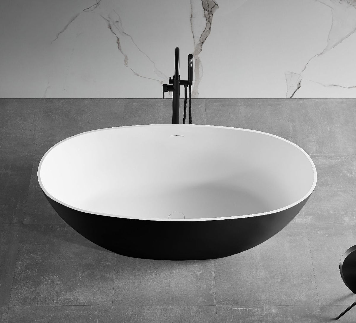 ALFI brand AB9975BM 59" Black & White Matte Oval Solid Surface Resin Soaking Bathtub - Elite Vitality