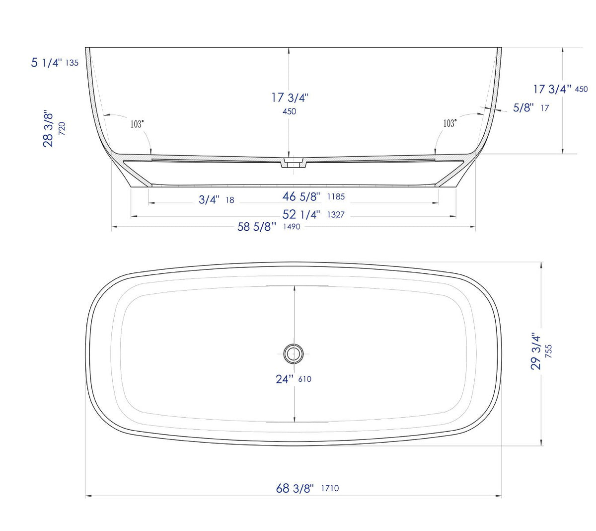 ALFI brand AB9980 67" White Matte Solid Surface Resin Bathtub - Elite Vitality