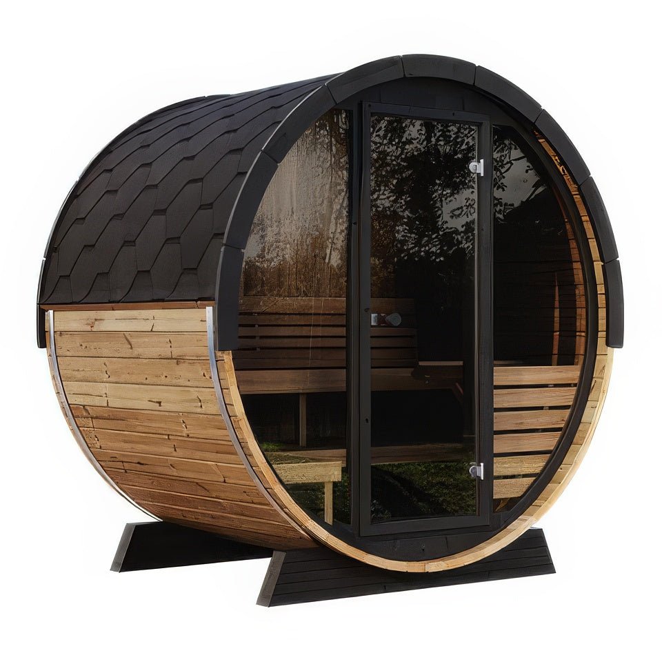 SaunaLife Model EE6G Sauna Barrel Glass Front, 4-Person with Mood lighting - Elite Vitality